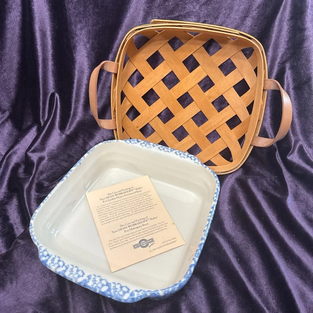 Henn Workshops Blue Sponge Collection casserole dish in a wooden basket